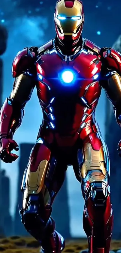 Futuristic armored hero in dynamic pose.