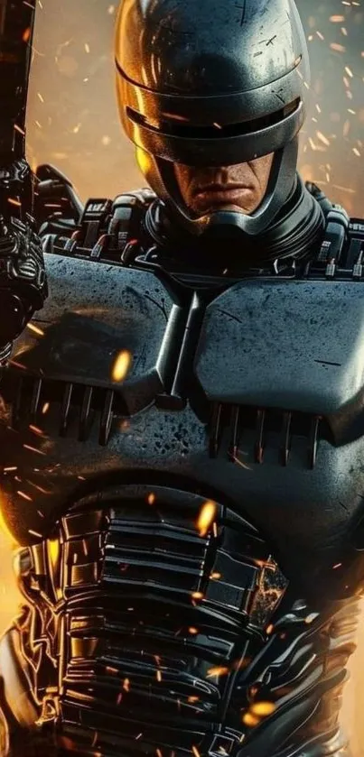 Futuristic armored hero with glowing sparks.