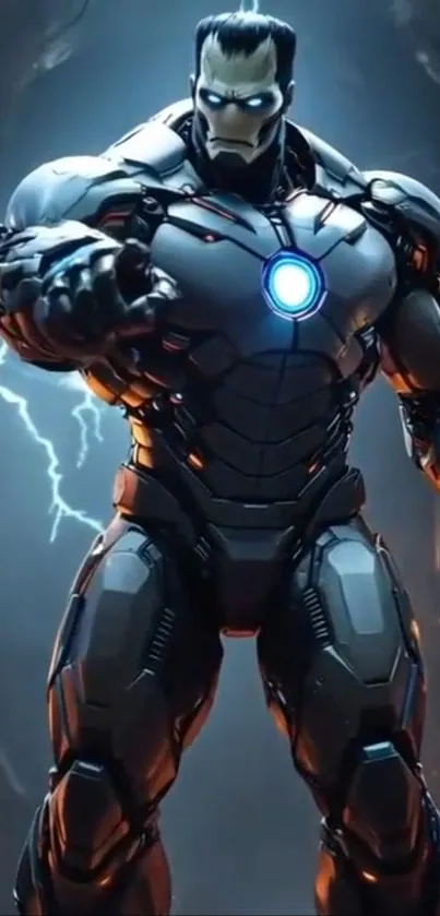 Futuristic armored hero with glowing core.