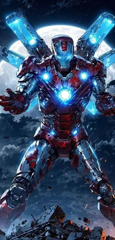 Futuristic armored hero under a full moon.