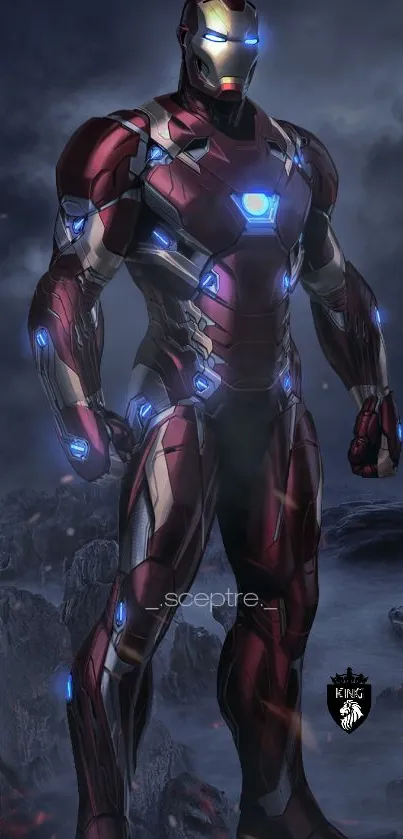 Futuristic hero in maroon armor with glowing lights and tech design.