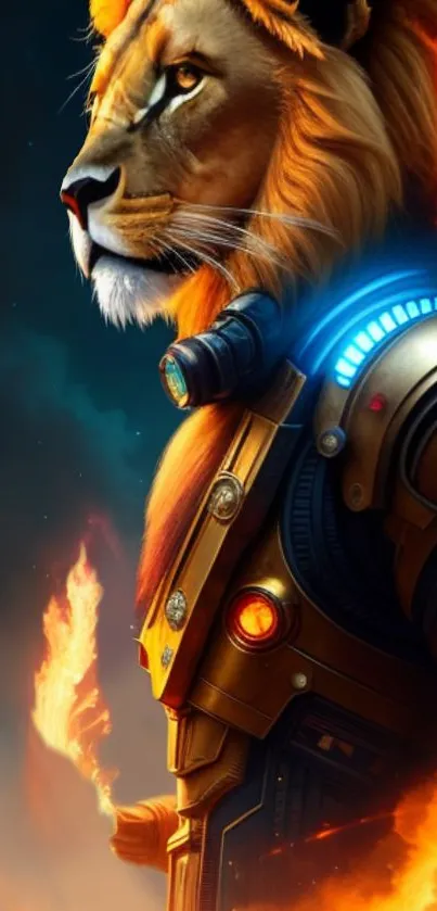 Futuristic lion with armor and flames in digital art wallpaper.