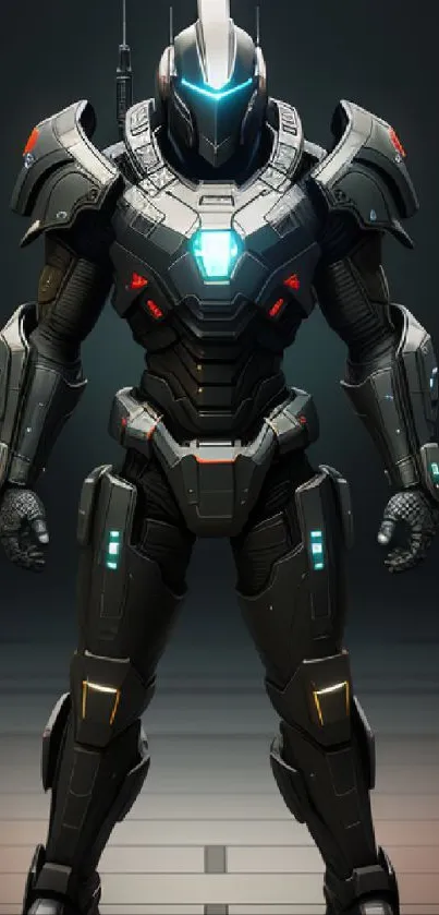 Futuristic robot in dark armor with glowing accents on a sleek background.