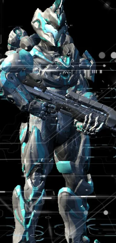 Futuristic armored soldier with weapon in cyan tones.