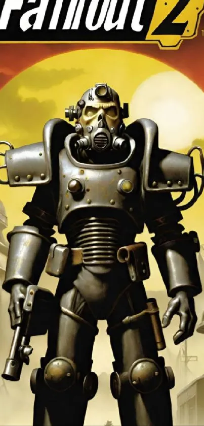 Futuristic armored soldier with a yellow sunset background.