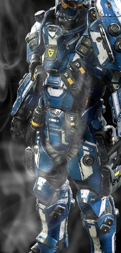 Futuristic blue armored suit with intricate details on a smoky black background.