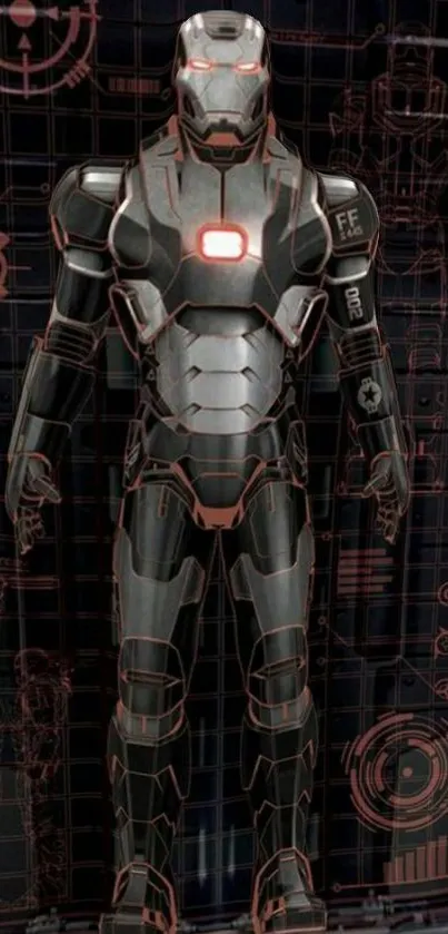 Futuristic armored suit on a grid background with a dark metallic finish.