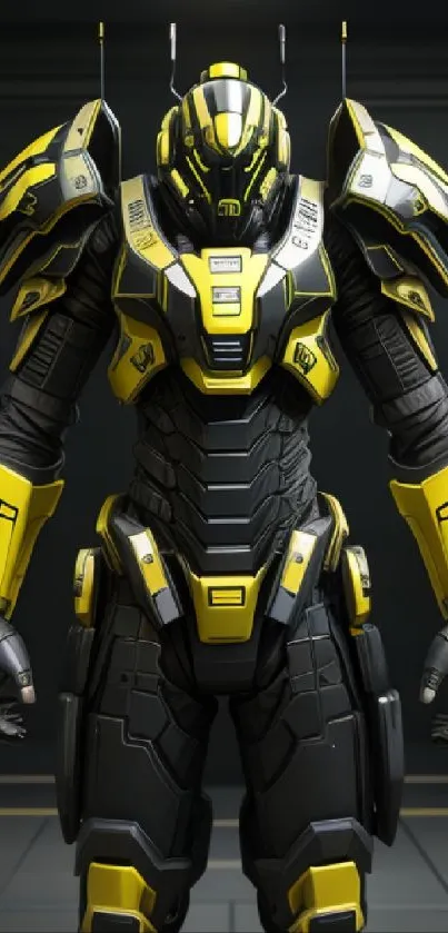 Futuristic yellow and black armored suit design wallpaper.