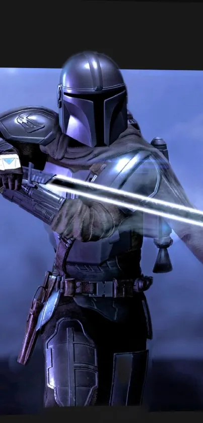 Armored warrior wielding glowing sword against a blue backdrop.