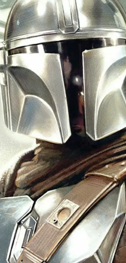 Futuristic armored warrior in metallic helmet on mobile wallpaper.