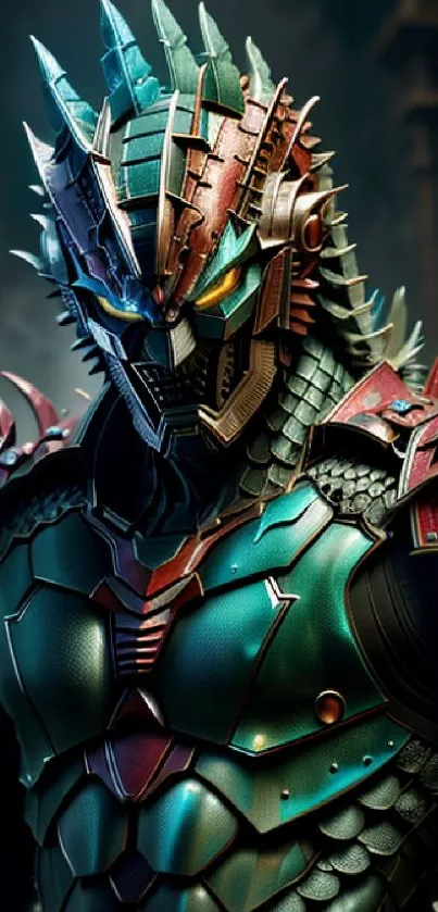 Futuristic warrior in intricate dragon armor, vibrant colors.