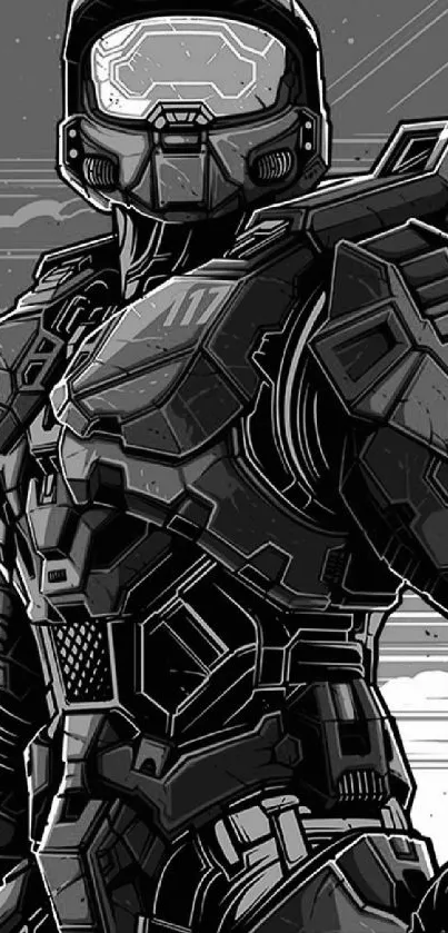 Futuristic armored warrior in black and gray illustration.