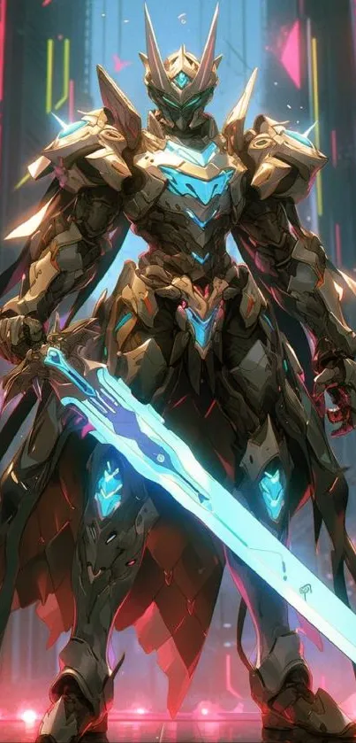 Futuristic armored warrior with glowing sword.