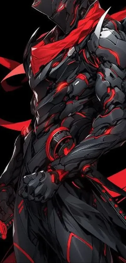 Futuristic armored warrior in black with red accents