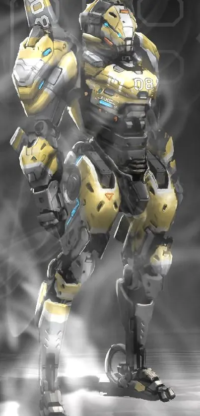 Futuristic robot armor in golden yellow on a dark background.