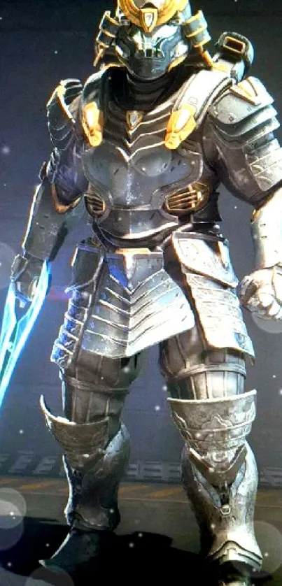 Futuristic armored warrior with glowing sword.