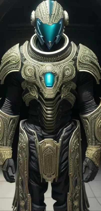 Futuristic warrior in ornate golden armor, perfect for sci-fi mobile wallpaper.