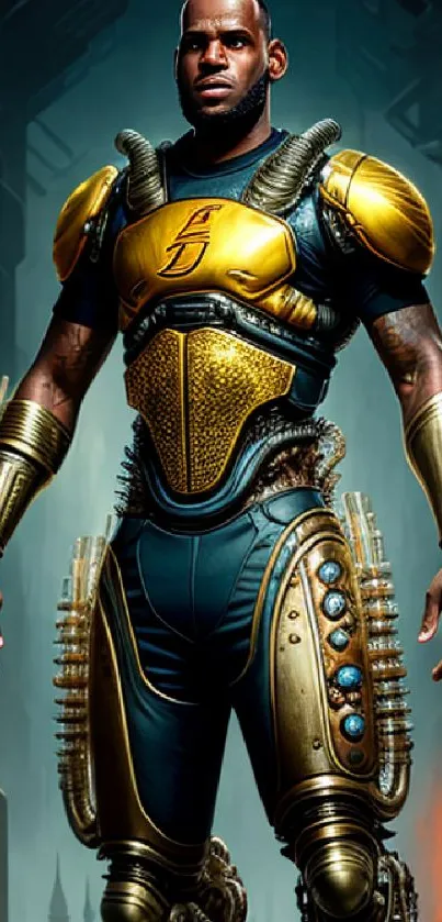 Futuristic warrior in golden armor with sci-fi background.