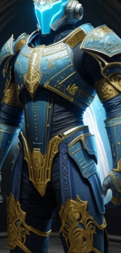 Futuristic armored warrior in blue and gold.