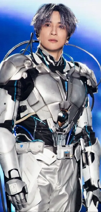 Person in silver futuristic armor with a blue background on mobile wallpaper.