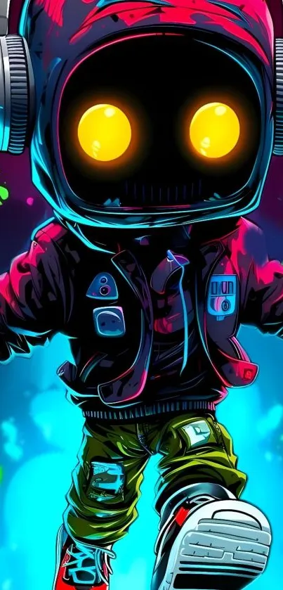 Neon themed robotic astronaut art on a vibrant mobile wallpaper.