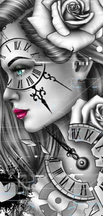 Futuristic art wallpaper with clock elements and roses in grayscale.