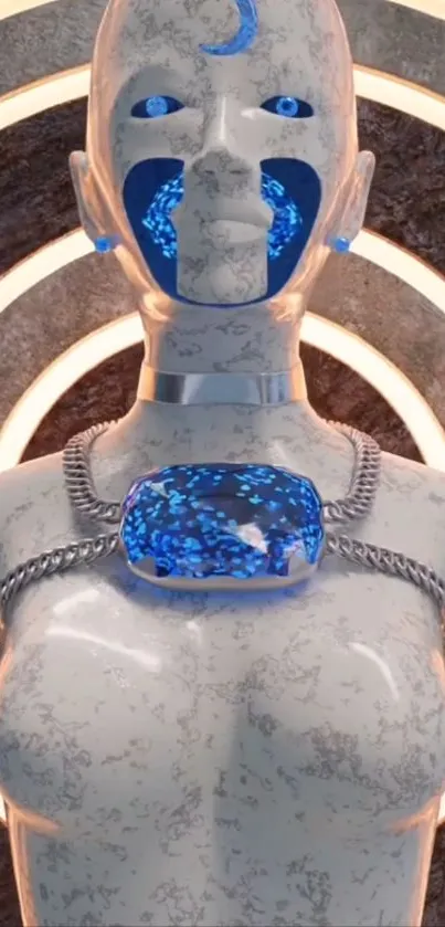 Futuristic android with glowing blue details in an art deco style.