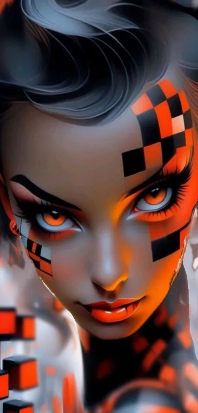 Futuristic art wallpaper with geometric patterns and vivid orange accents.
