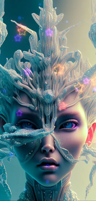 Futuristic and ethereal art wallpaper of a surreal figure with vibrant digital elements.