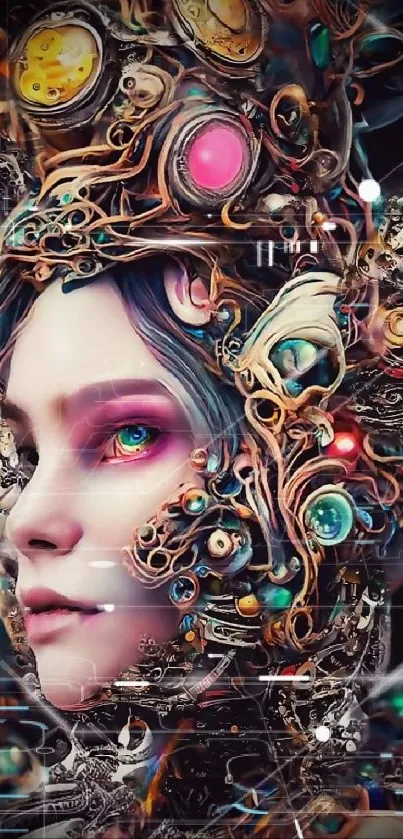 Futuristic digital portrait with vibrant colors and intricate design.