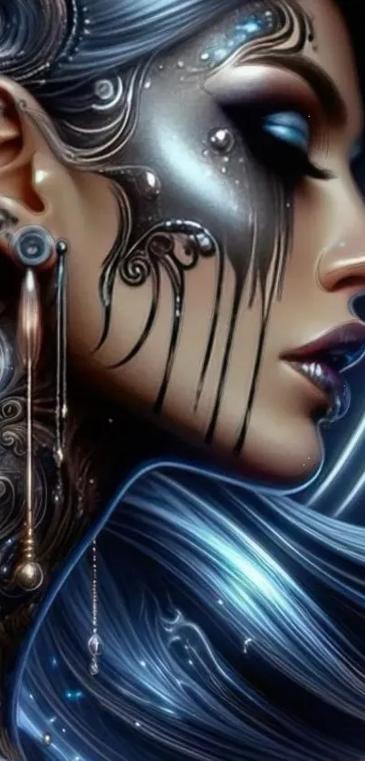 Futuristic artistic portrait with metallic accents and blue tones.