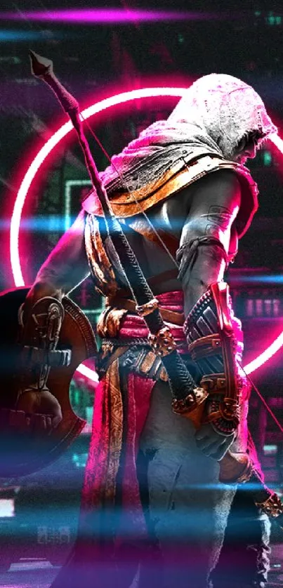 Futuristic assassin in neon city background.