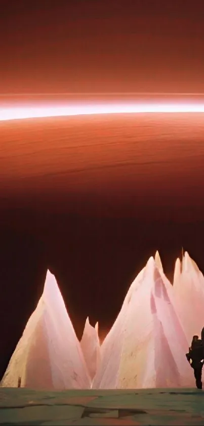 Astronaut stands before icy peaks under a red celestial sky.