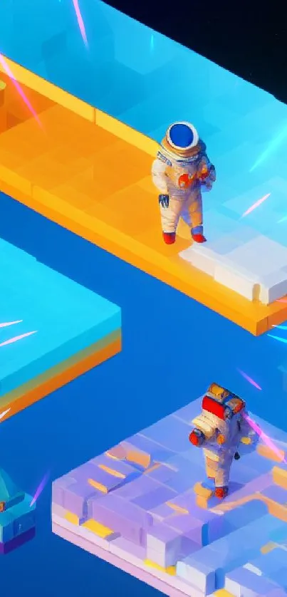 Astronauts on 3D blocks with vibrant colors in a futuristic mobile wallpaper.