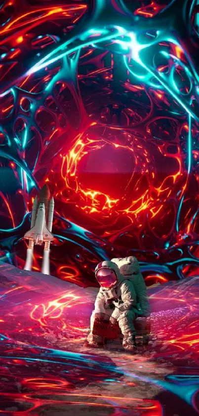 Astronaut in a vibrant, glowing, futuristic space scene with a red-dominant color palette.