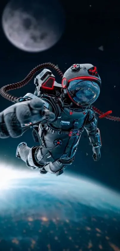 Futuristic astronaut floating above Earth with the moon in the background.