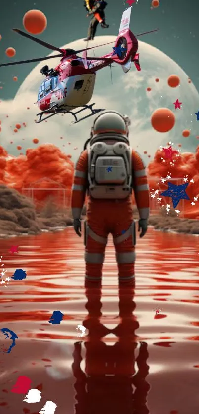 Astronaut with helicopter in red surreal landscape