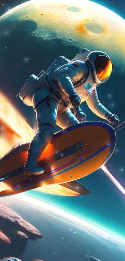 Astronaut rides a hoverboard in space with colorful planets in the background.