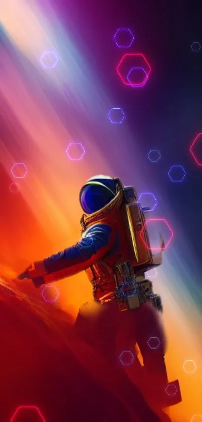 Futuristic astronaut in neon space scene with vibrant gradients.