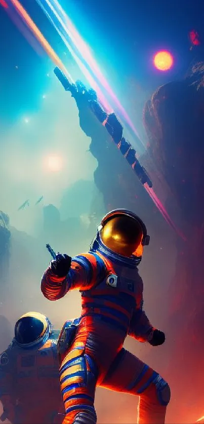 Astronauts exploring a colorful sci-fi world under vibrant skies.