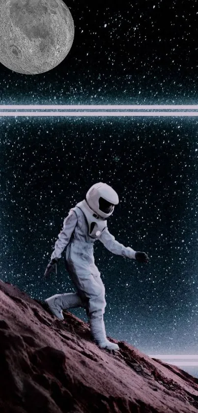 Astronaut on alien terrain under a starry sky with moon.