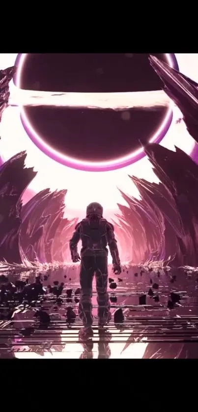 Astronaut in alien landscape with purple hues, near glowing planet.