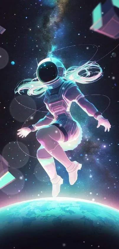 Astronaut floating in space with a cosmic background and glowing elements.