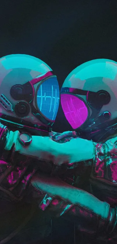 Two astronauts embrace under vibrant neon lights.