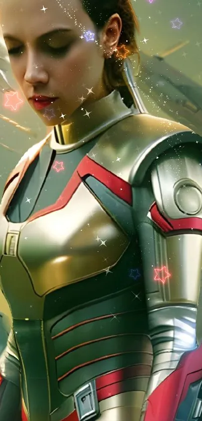 Futuristic astronaut standing in cosmic scene with stars and sleek armor.