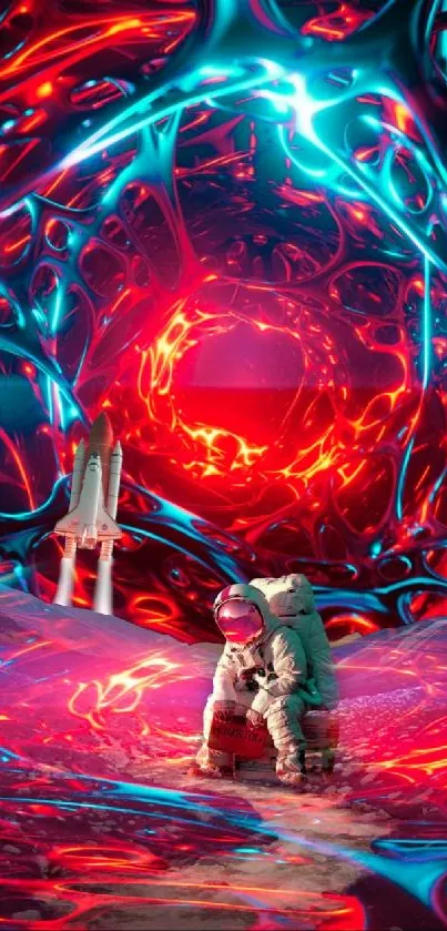 Vivid futuristic astronaut art with neon colors and cosmic patterns.