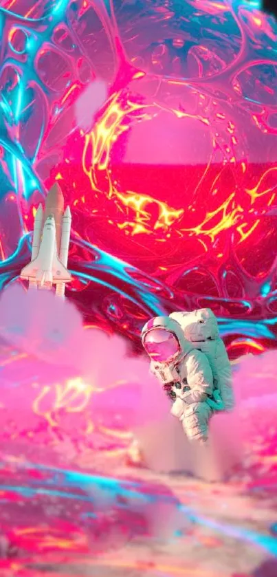 Futuristic astronaut in neon pink cosmos with a space shuttle.