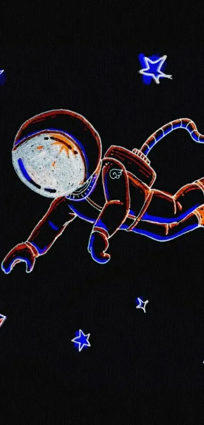 Neon astronaut floating in space with stars on a black background.