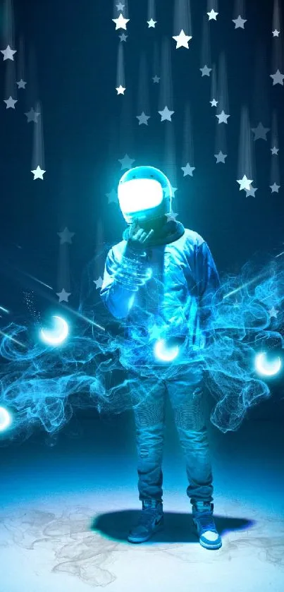 Futuristic astronaut with glowing blue accents in a cosmic design.