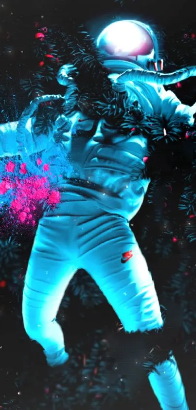 Futuristic neon astronaut in cosmic scene.